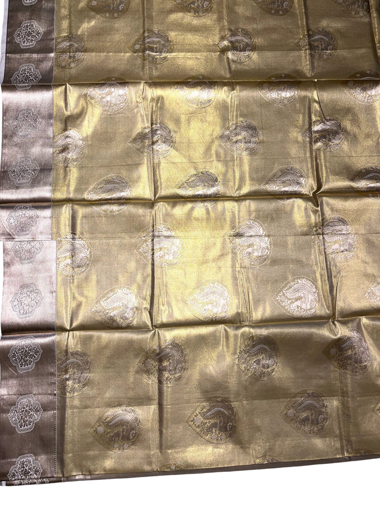 Southloom Tissue Kasavu Replica Saree with Heavy Golden Works Across Body and Kasavu Border