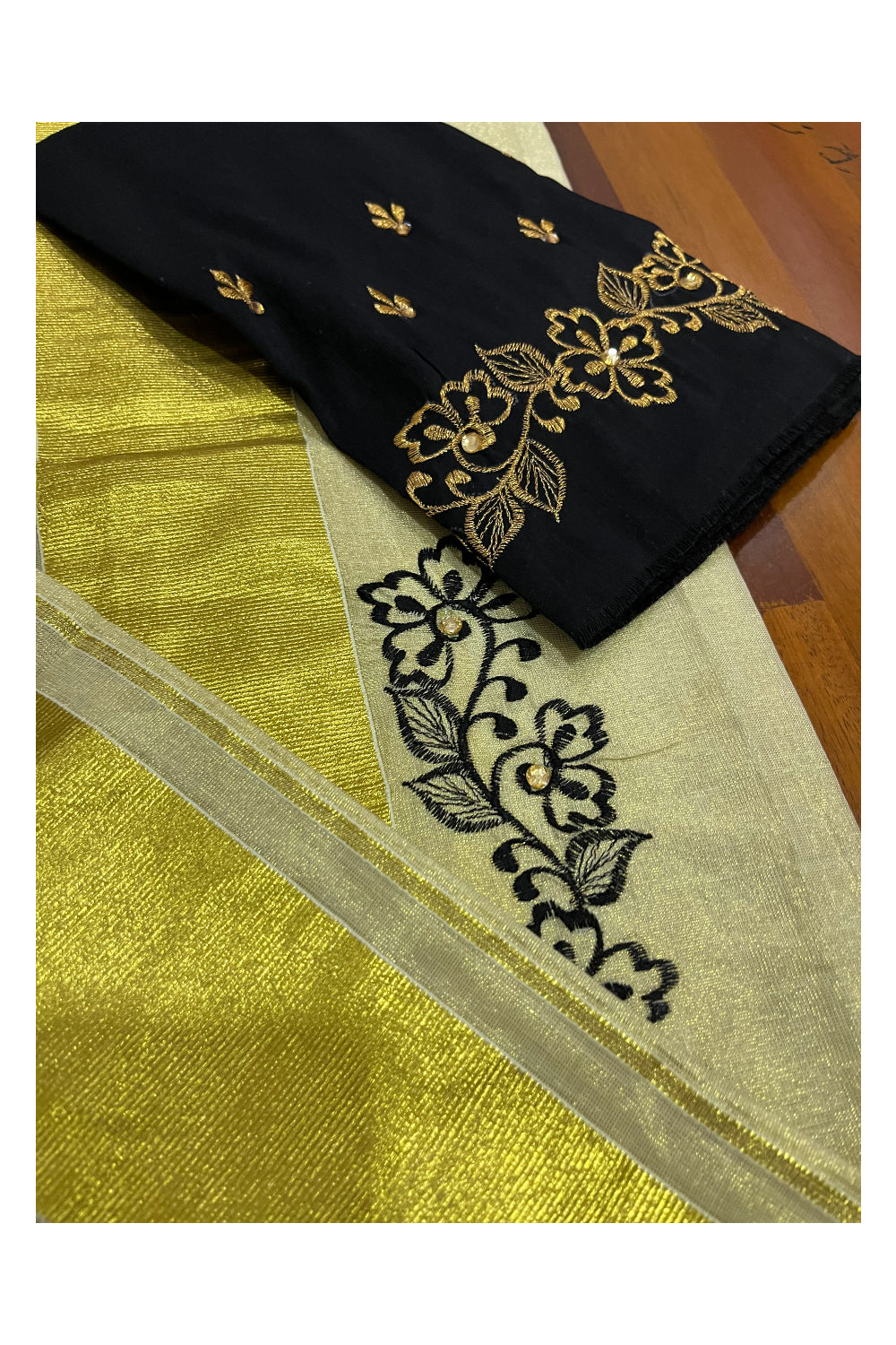 Kerala Tissue Kasavu Set Mundu (Mundum Neriyathum) with Handwork Embroidery Design and Black Blouse Piece