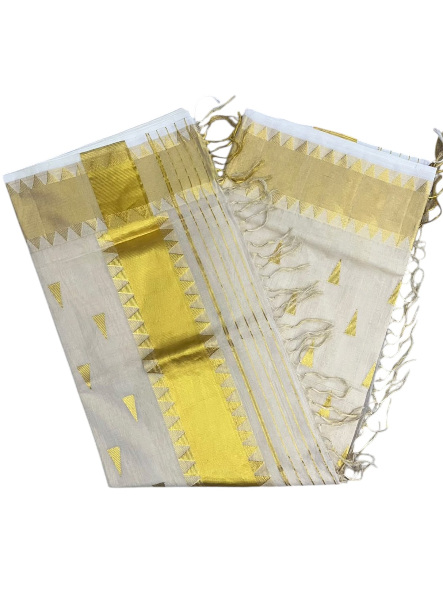 Southloom Super Premium Balaramapuram Handloom Tissue Saree with Temple Design and Gold Kasavu Border
