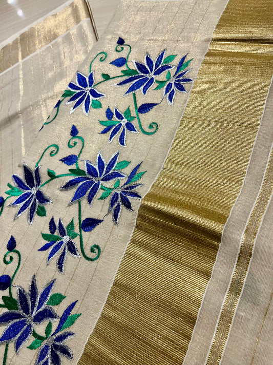 Kerala Tissue Saree With Blue Floral Embroidery SL144