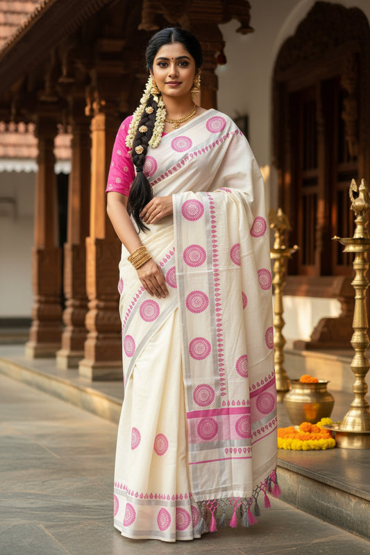 Kerala Cotton Pink Printed Saree SL178