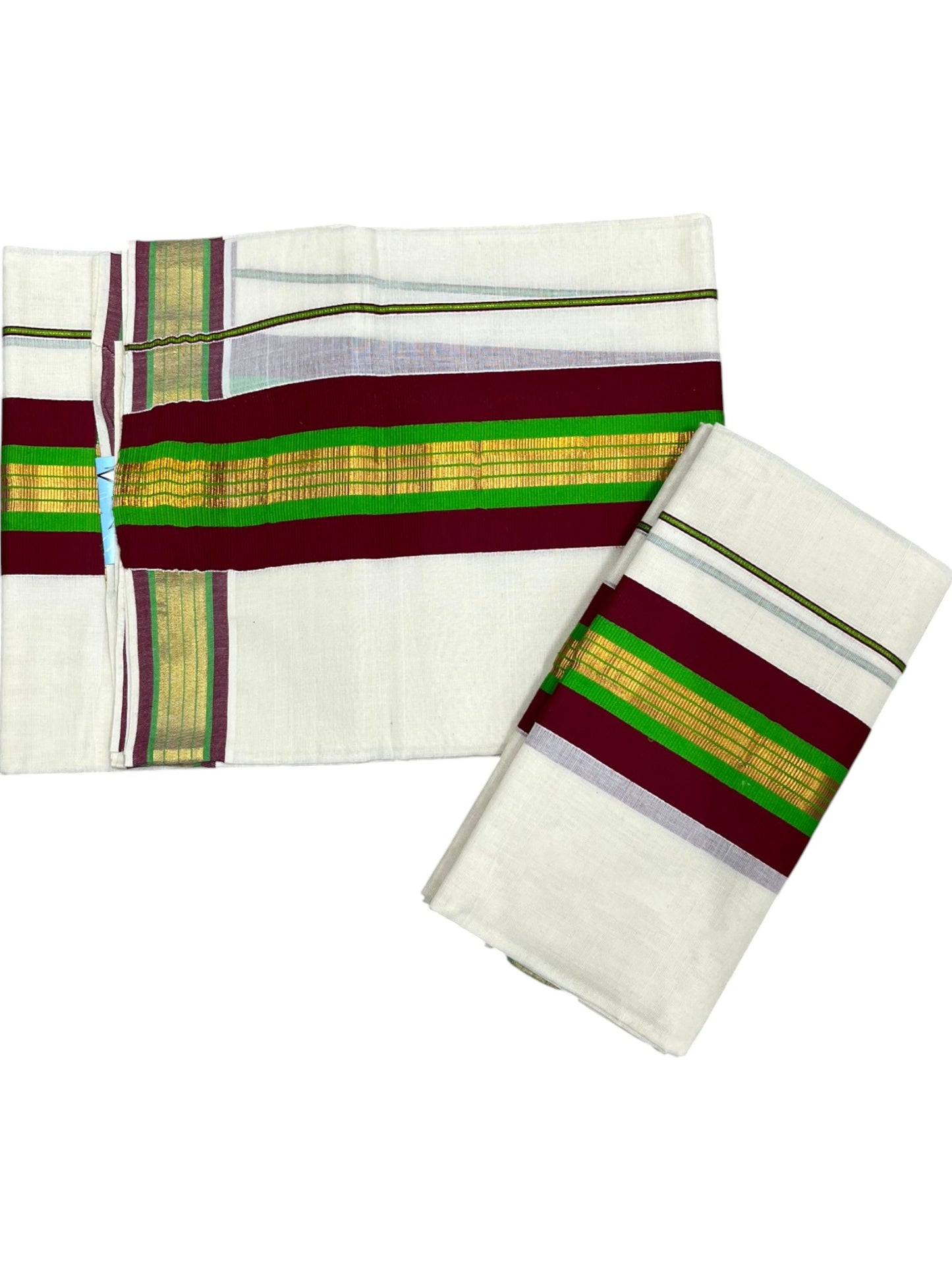 Southloom Kerala Cotton Kasavu Set Mundu (Mundum Neriyathum) with Maroon and Green Border 2.80 Mtrs SLKK