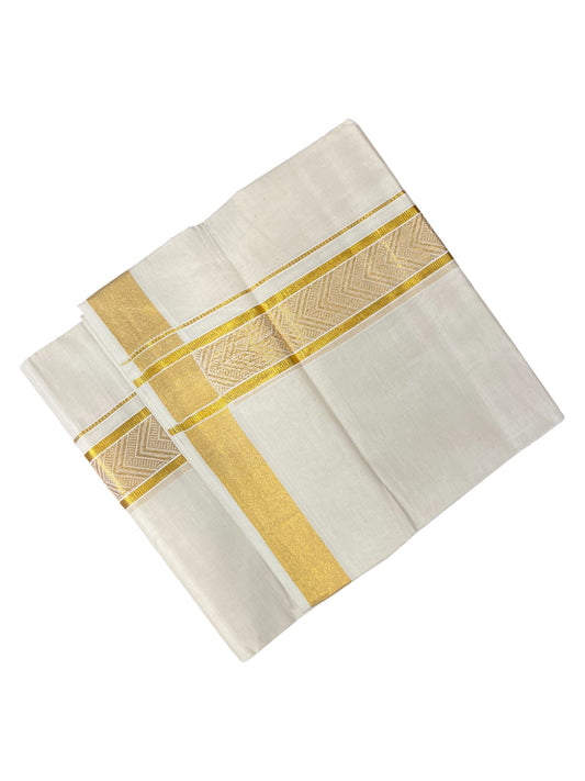 Southloom Kerala Pure Cotton Double Mundu with Gold Kasavu Border with Gold Woven Work (South Indian Dhoti)