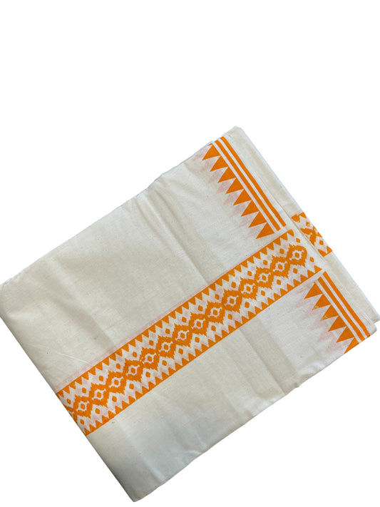 Southloom Pure Cotton Double Mundu with Block Prints on Orange Kara (South Indian Kerala Dhoti)