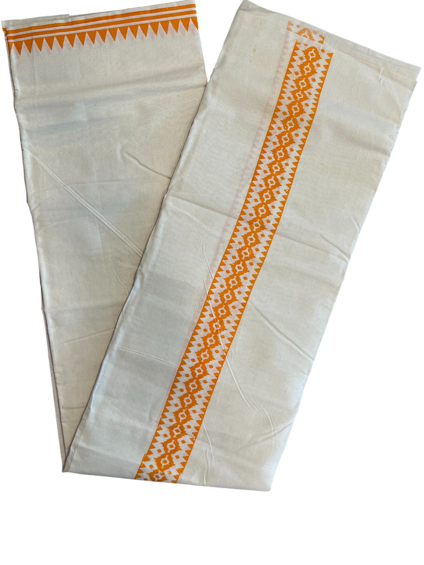 Southloom Pure Cotton Double Mundu with Block Prints on Orange Kara (South Indian Kerala Dhoti)