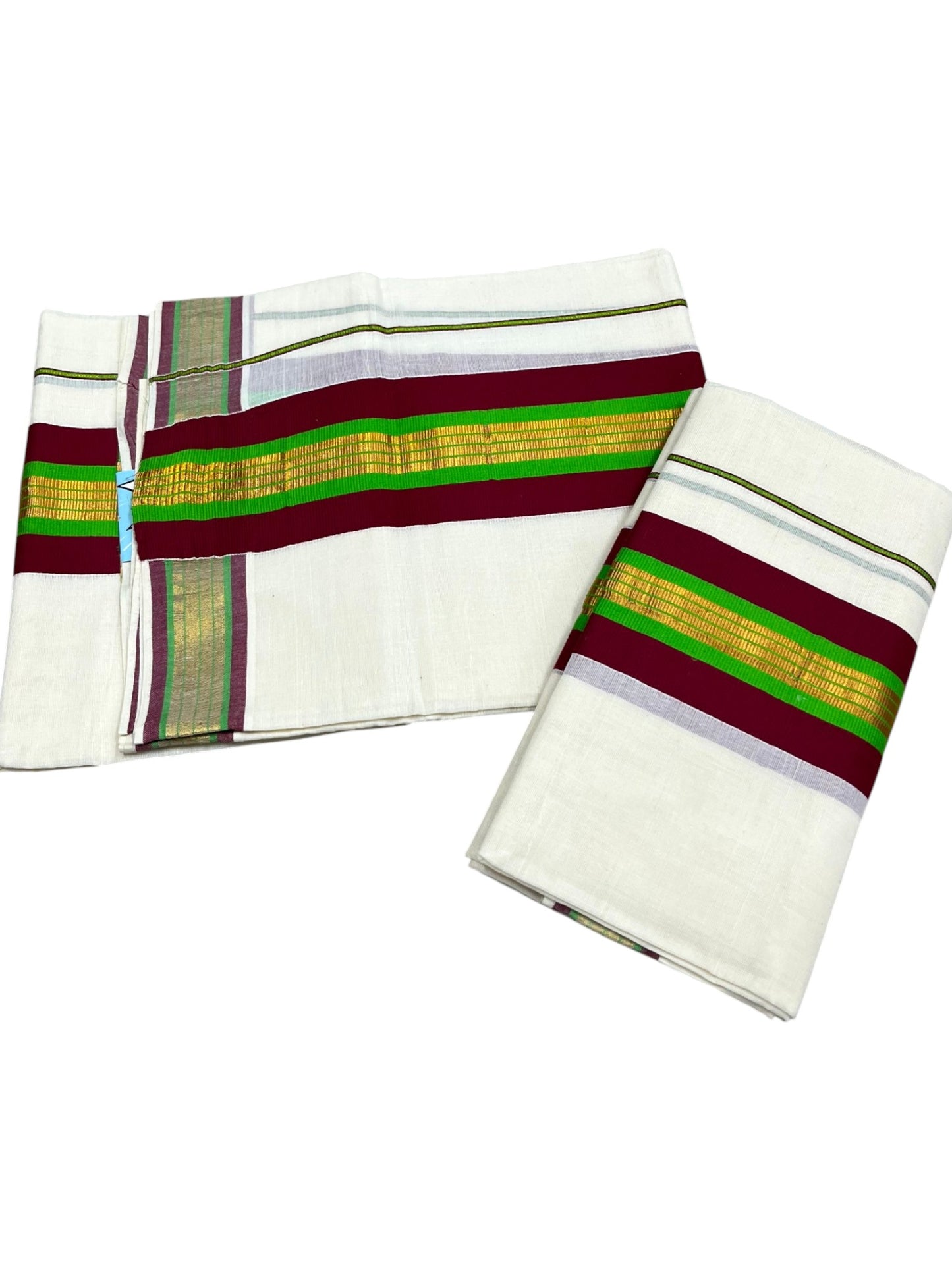 Southloom Kerala Cotton Kasavu Set Mundu (Mundum Neriyathum) with Maroon and Green Border 2.80 Mtrs SLKK