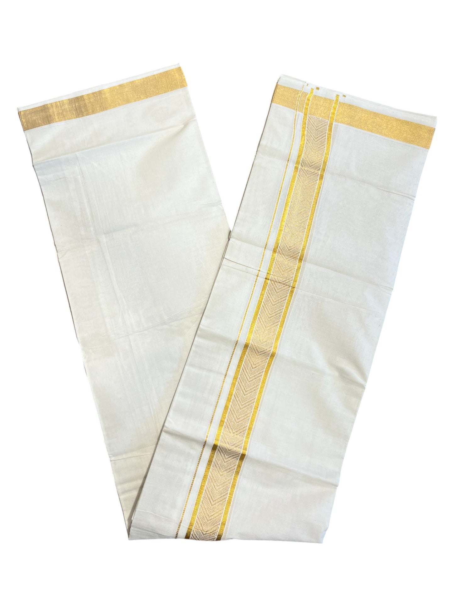 Southloom Kerala Pure Cotton Double Mundu with Gold Kasavu Border with Gold Woven Work (South Indian Dhoti)