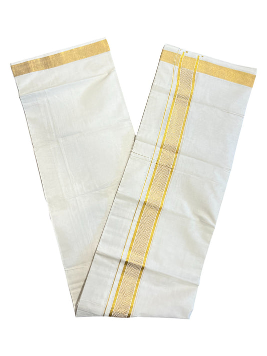 Southloom Kerala Pure Cotton Double Mundu with Gold Kasavu Border with Gold Woven Work (South Indian Dhoti)