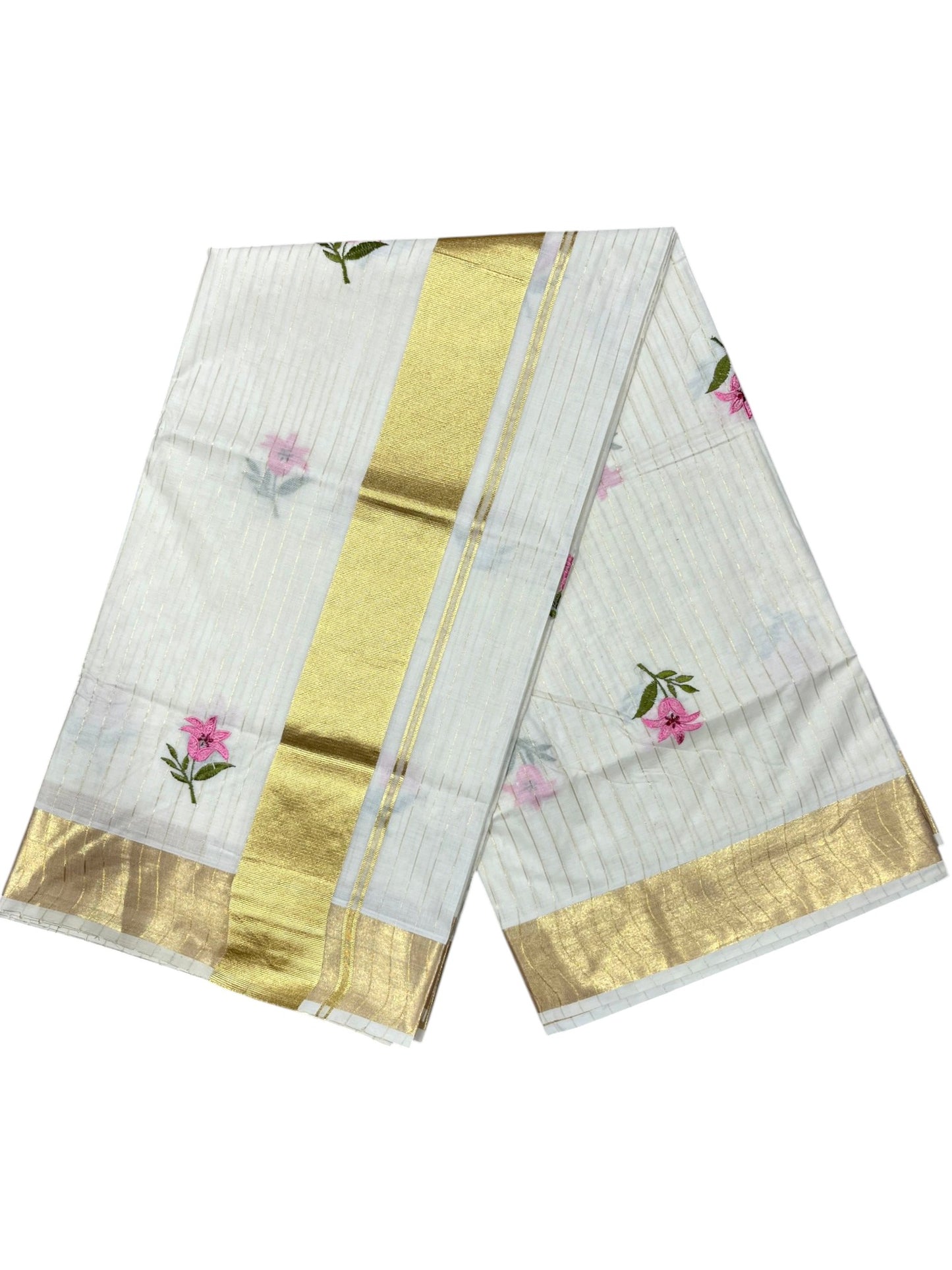 Southloom Kerala Cotton Kasavu Line Saree with Pink Floral Embroidery Works