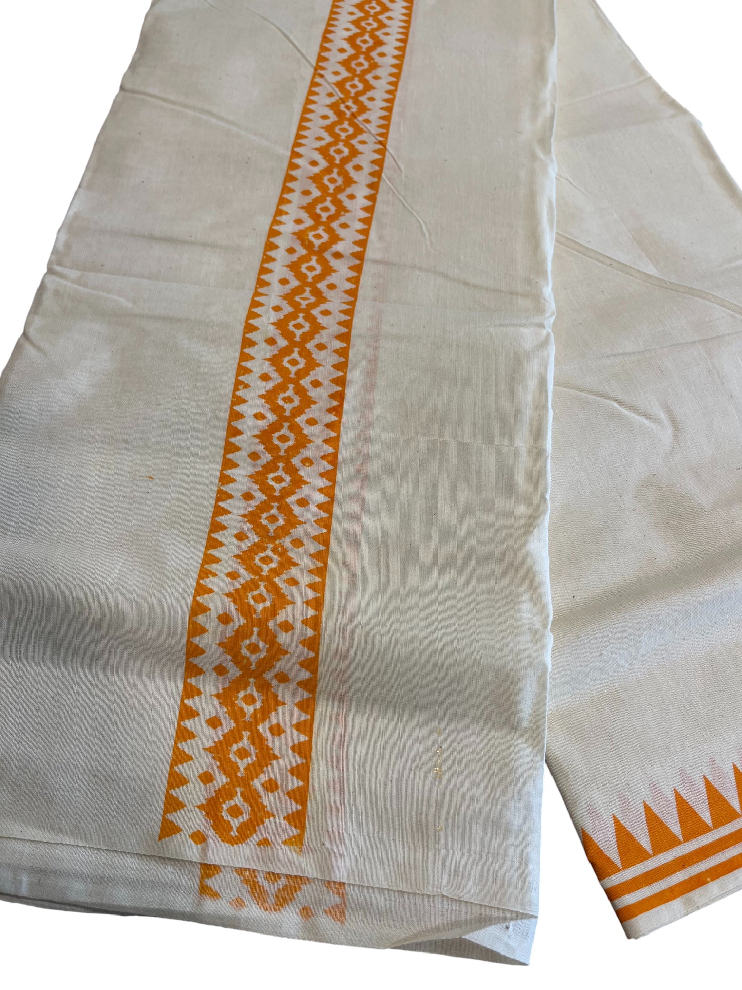 Southloom Pure Cotton Double Mundu with Block Prints on Orange Kara (South Indian Kerala Dhoti)