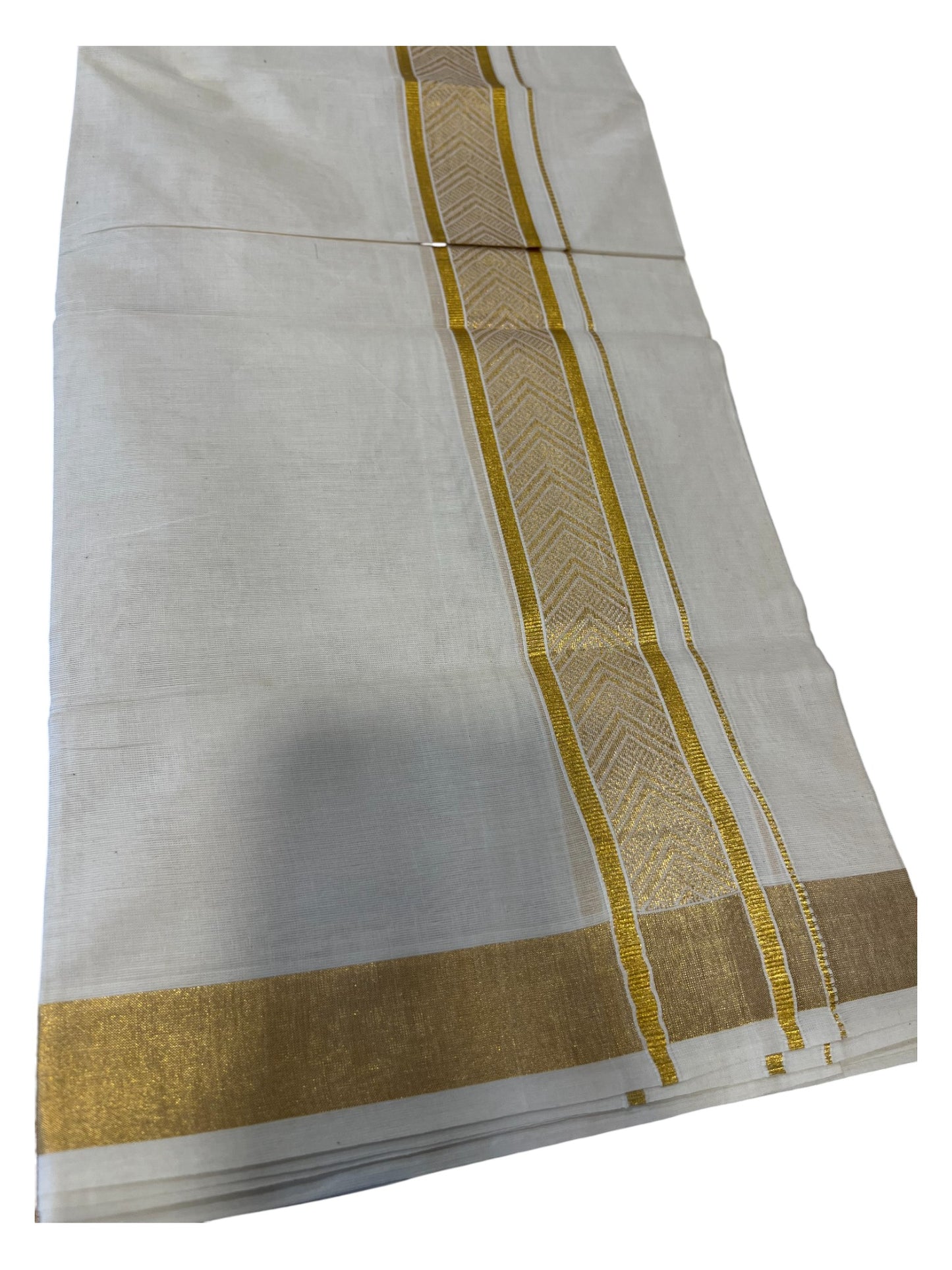 Southloom Kerala Pure Cotton Double Mundu with Gold Kasavu Border with Gold Woven Work (South Indian Dhoti)