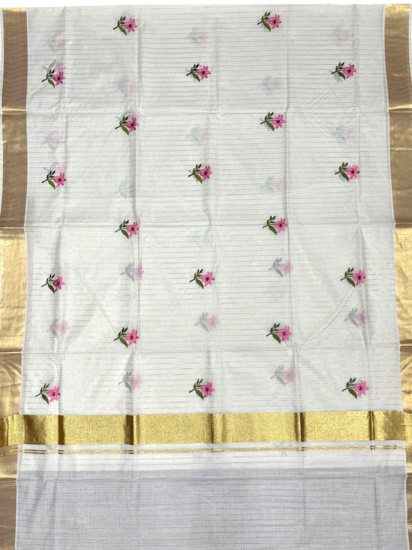 Southloom Kerala Cotton Kasavu Line Saree with Pink Floral Embroidery Works