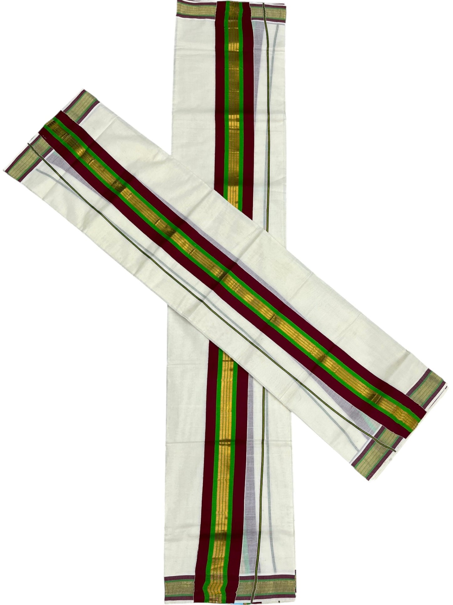 Southloom Kerala Cotton Kasavu Set Mundu (Mundum Neriyathum) with Maroon and Green Border 2.80 Mtrs SLKK