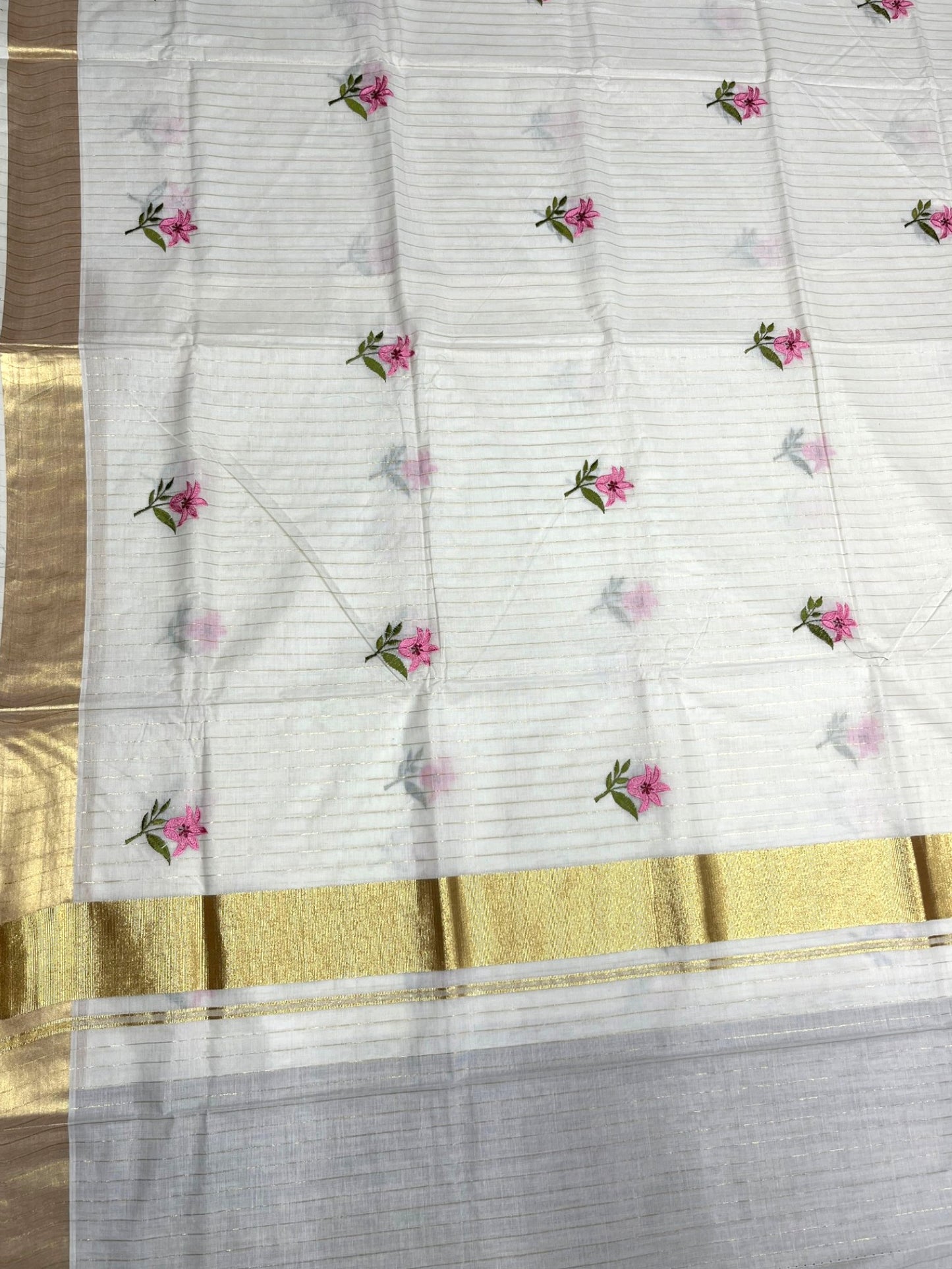 Southloom Kerala Cotton Kasavu Line Saree with Pink Floral Embroidery Works