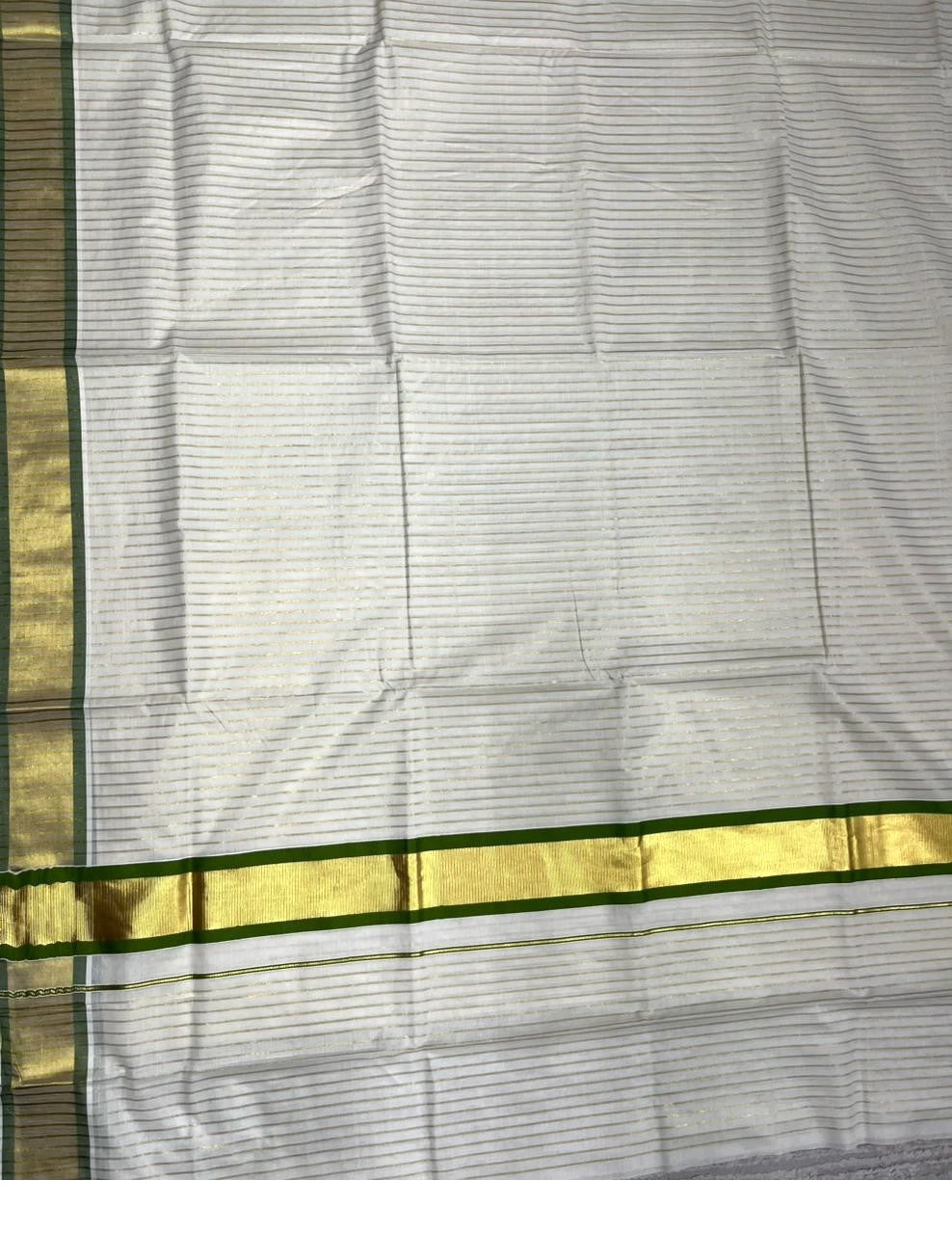 Southloom Pure Cotton Kerala Saree with Gold Kasavu Lines Across Body and Olive Green Border