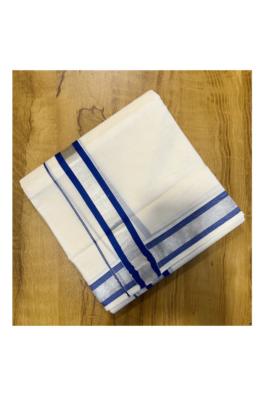 Pure Cotton Mundu with Blue Lines and Silver Kasavu Border (South Indian Kerala Dhoti)