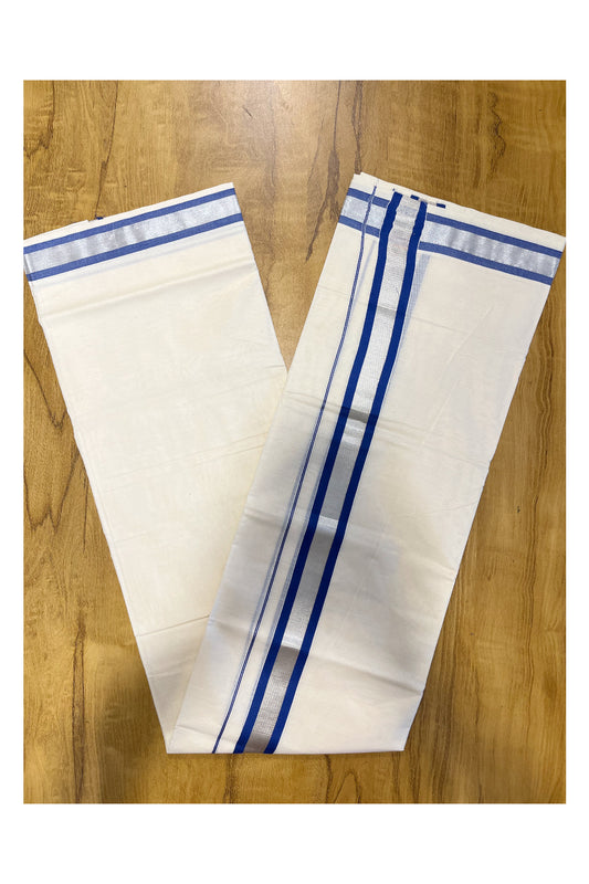 Pure Cotton Mundu with Blue Lines and Silver Kasavu Border (South Indian Kerala Dhoti)