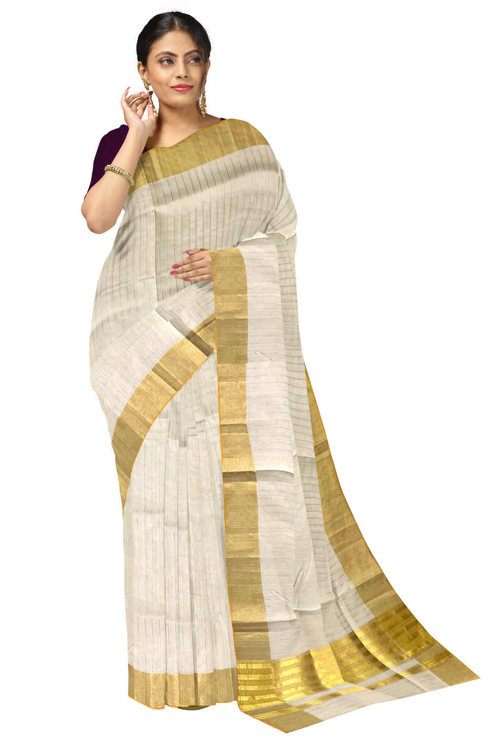 Southloom Super Premium Balaramapuram Unakkupaavu Handloom Saree with Kasavu Lines Across Body