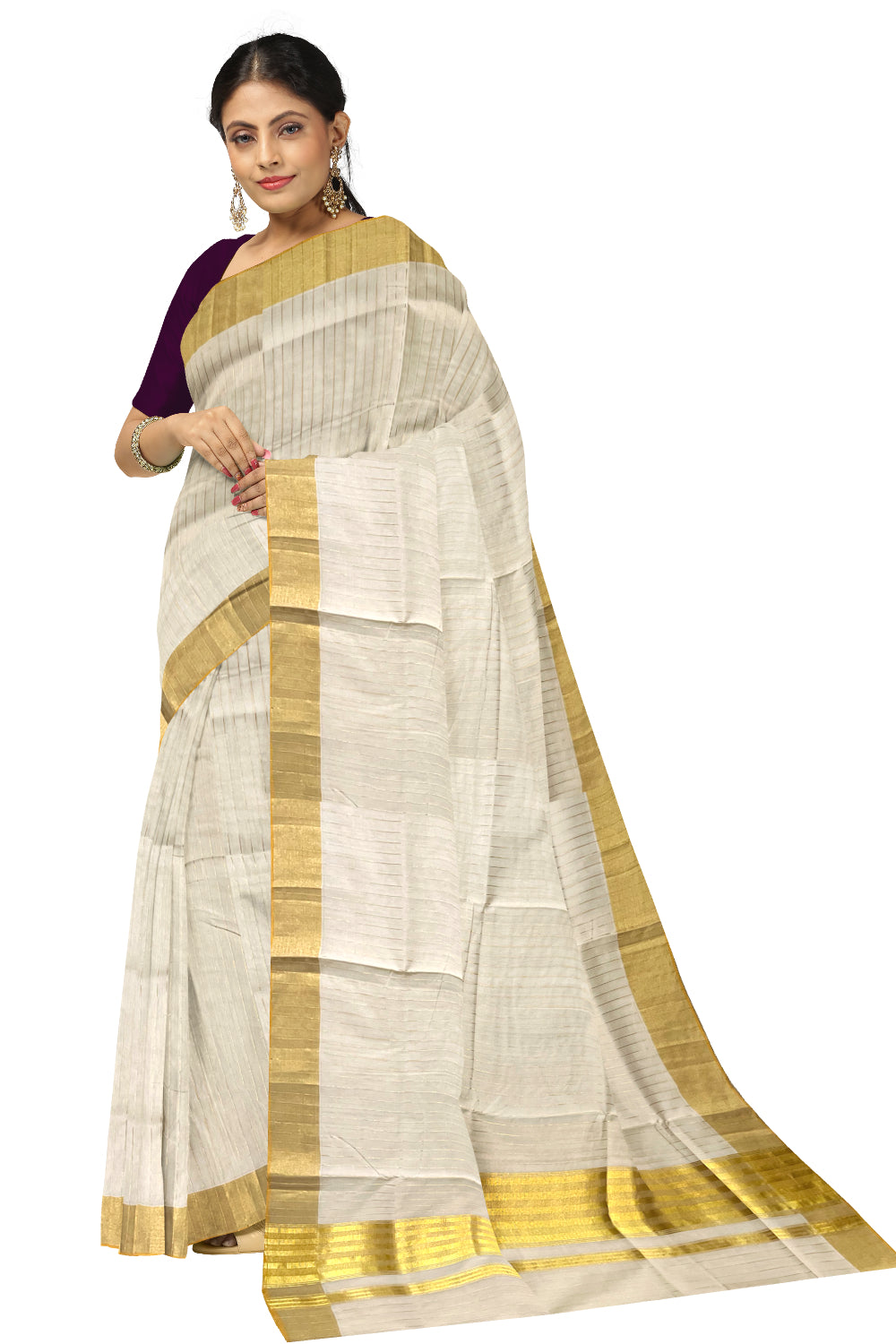 Southloom Super Premium Balaramapuram Unakkupaavu Handloom Saree with Kasavu Lines Across Body