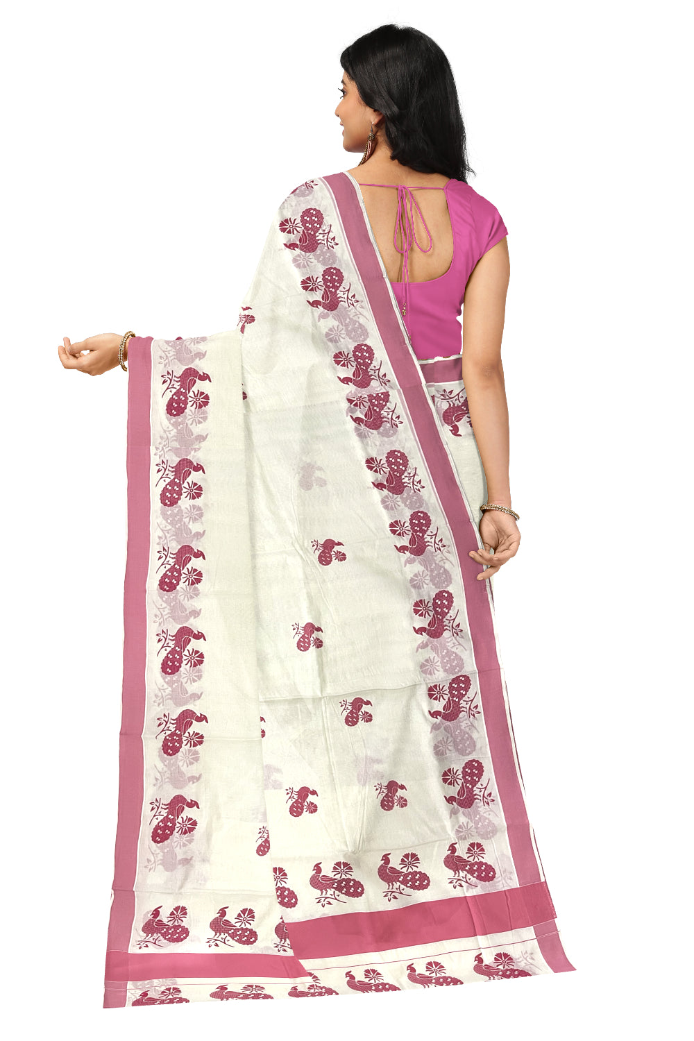 Pure Cotton Kerala Saree with Pink Peacock Block Printed Border (Onam Saree 2023)