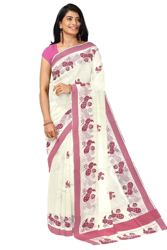 Pure Cotton Kerala Saree with Pink Peacock Block Printed Border (Onam Saree 2023)