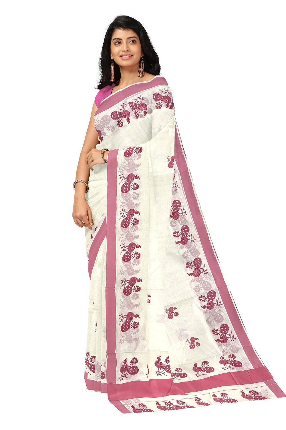 Pure Cotton Kerala Saree with Pink Peacock Block Printed Border (Onam Saree 2023)