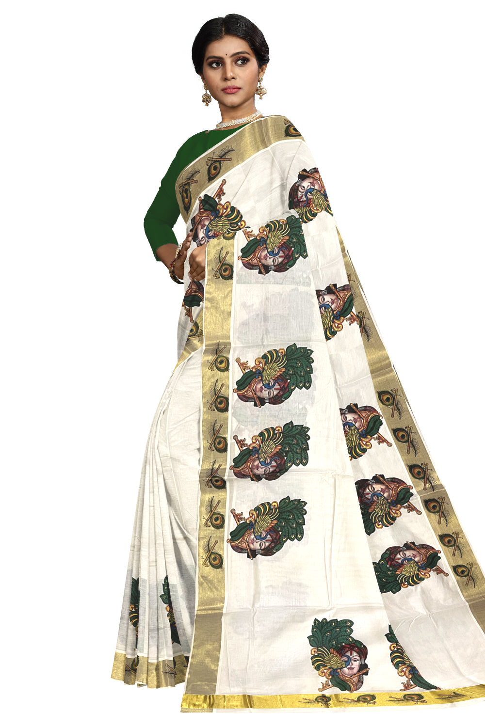 Pure Cotton Kerala Kasavu Saree with Krishna and Peacock Mural Printed Design (Onam Saree 2023)