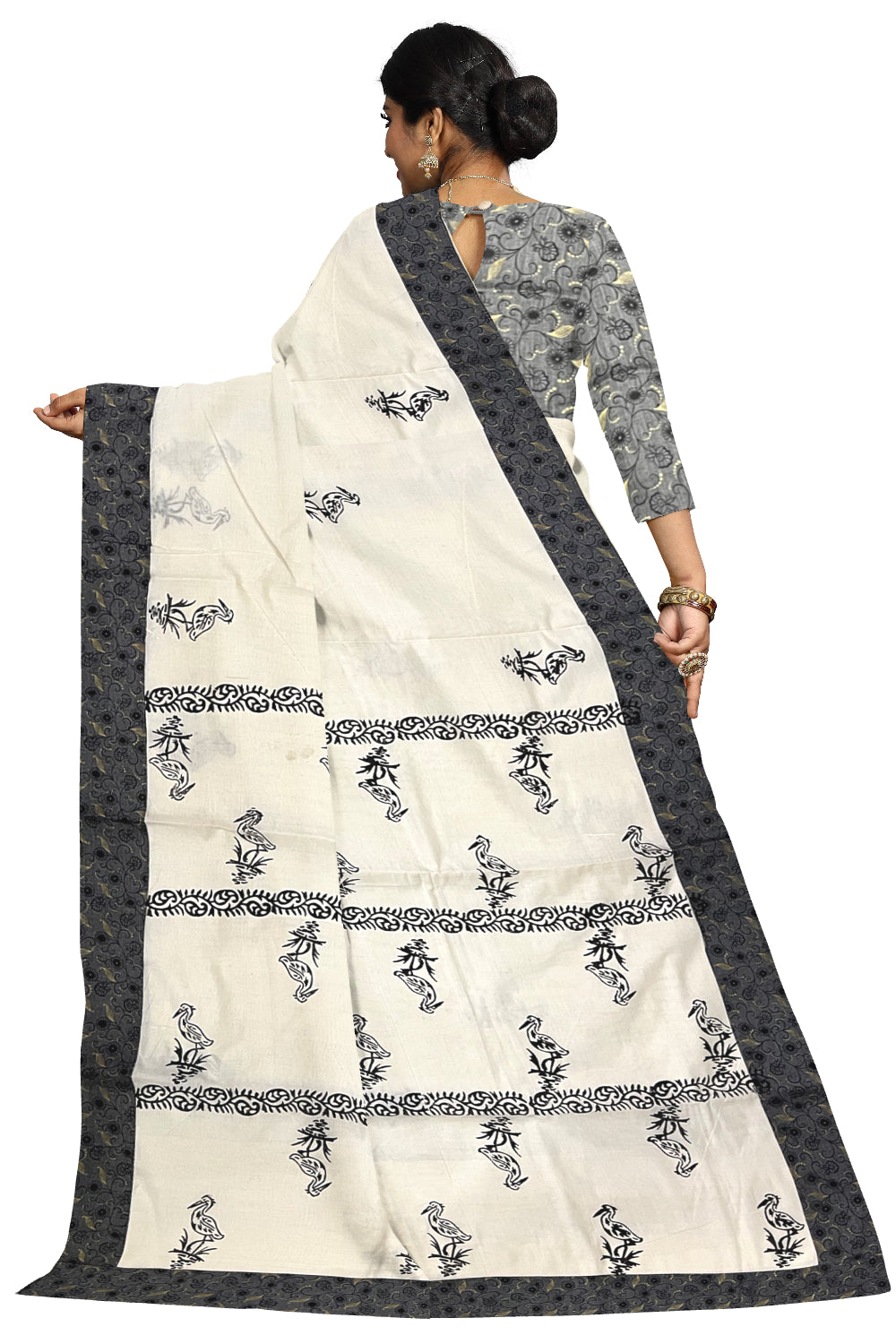 Pure Cotton Kerala Saree with Hand Block Grey Batik Prints on Border