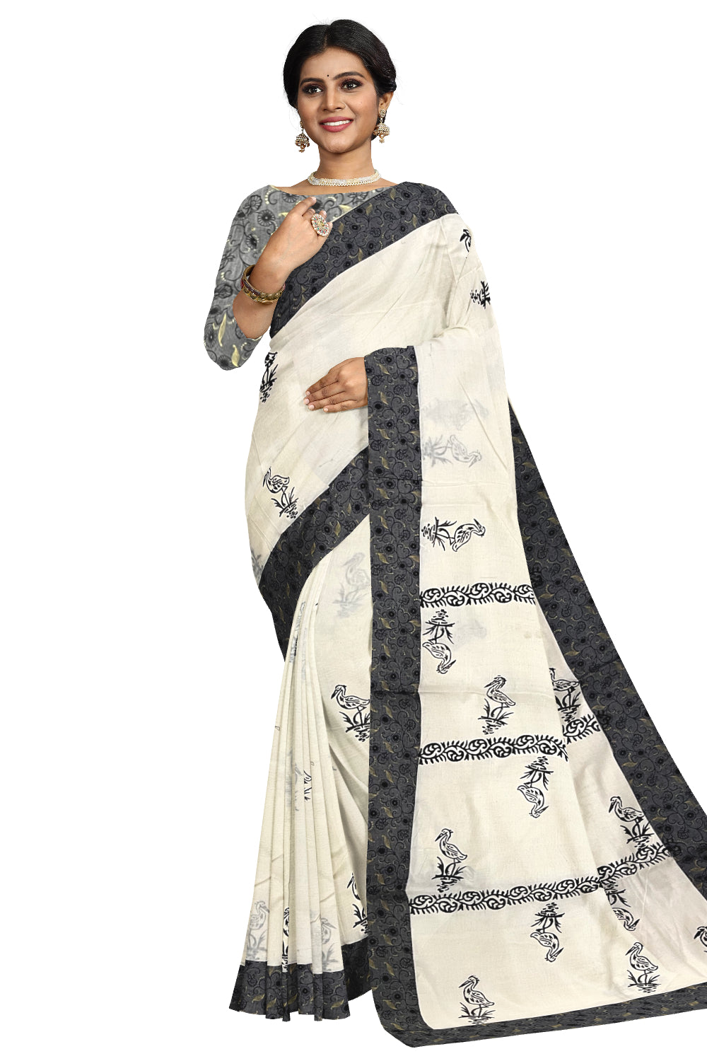 Pure Cotton Kerala Saree with Hand Block Grey Batik Prints on Border