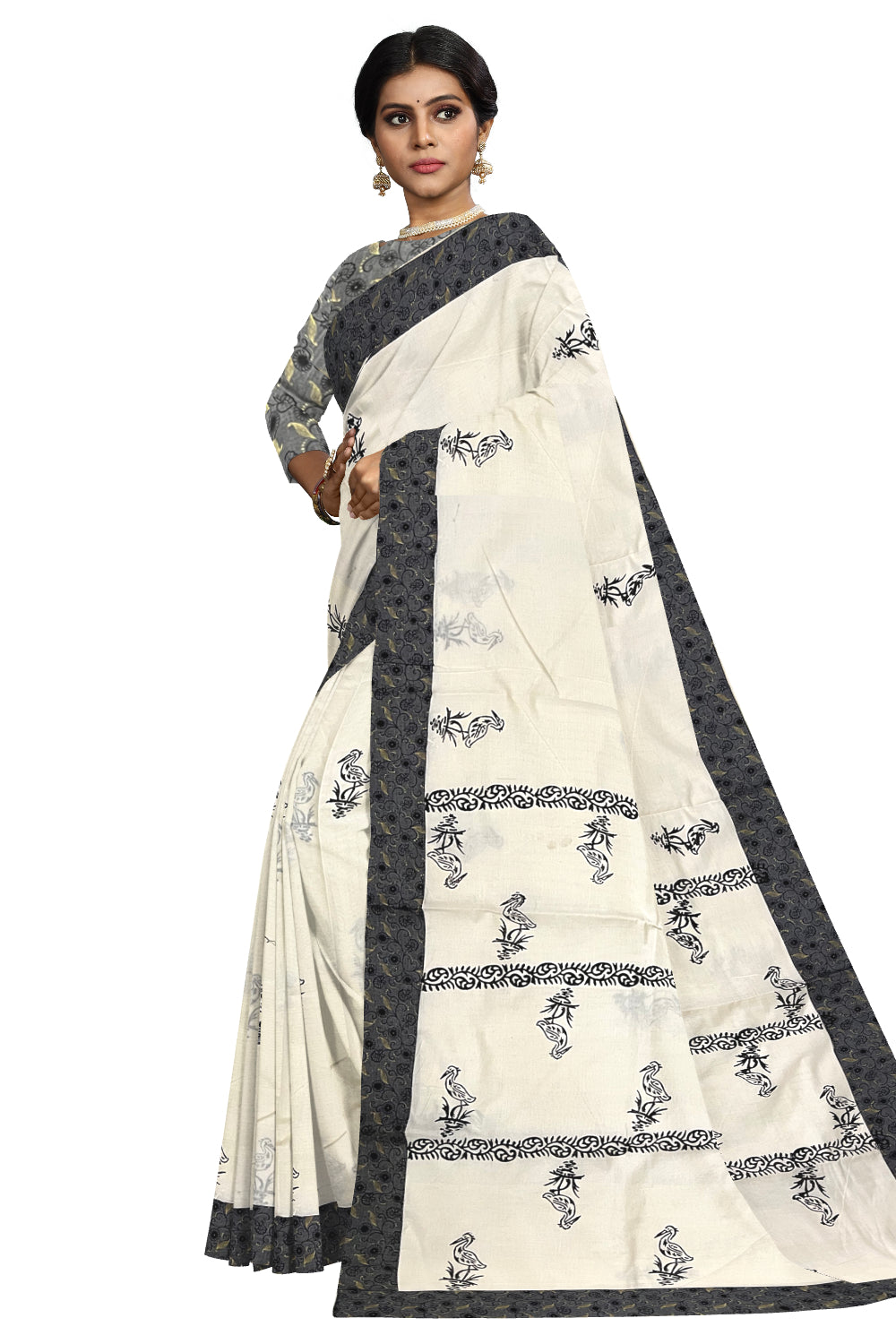 Pure Cotton Kerala Saree with Hand Block Grey Batik Prints on Border