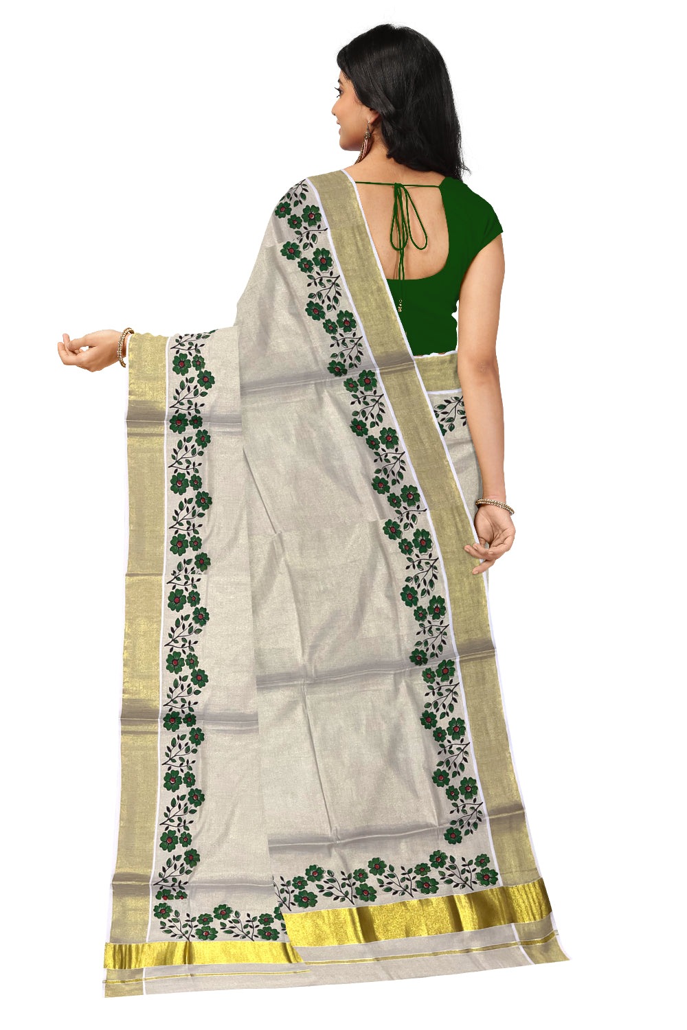 Kerala Tissue Kasavu Saree with Green Floral Block Printed Designs