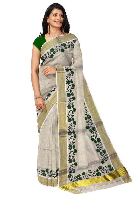 Kerala Tissue Kasavu Saree with Green Floral Block Printed Designs