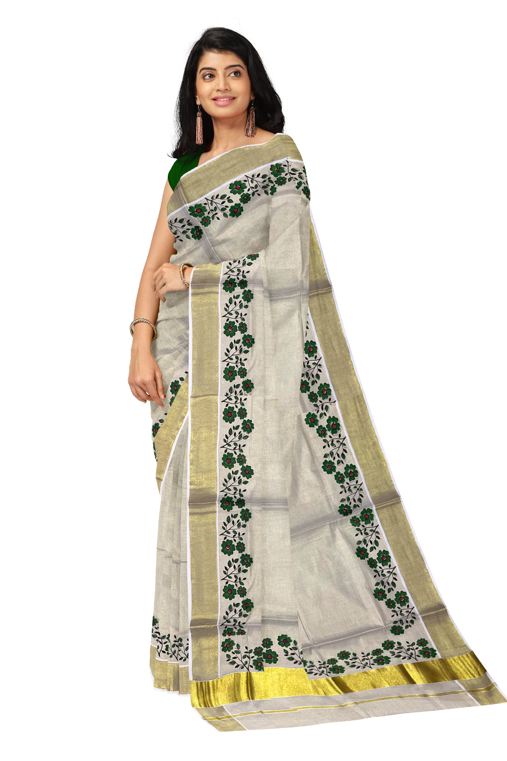 Kerala Tissue Kasavu Saree with Green Floral Block Printed Designs