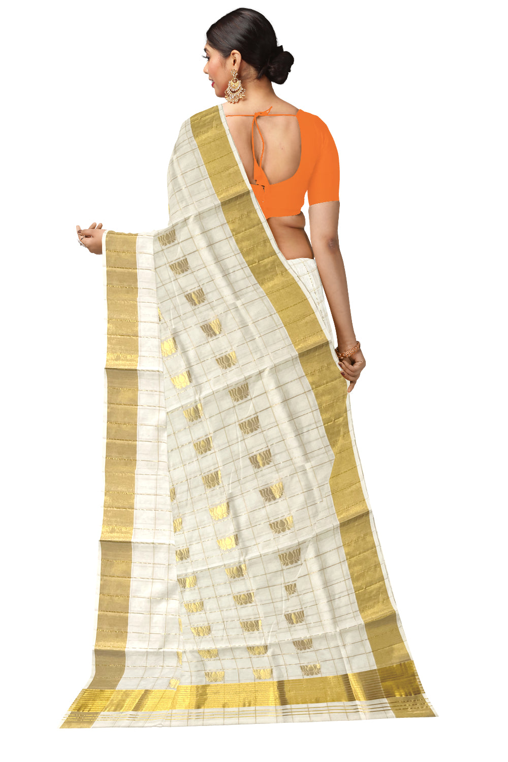 Southloom™ Premium Handloom Check Design Kerala Saree with Kasavu Lotus Woven Works