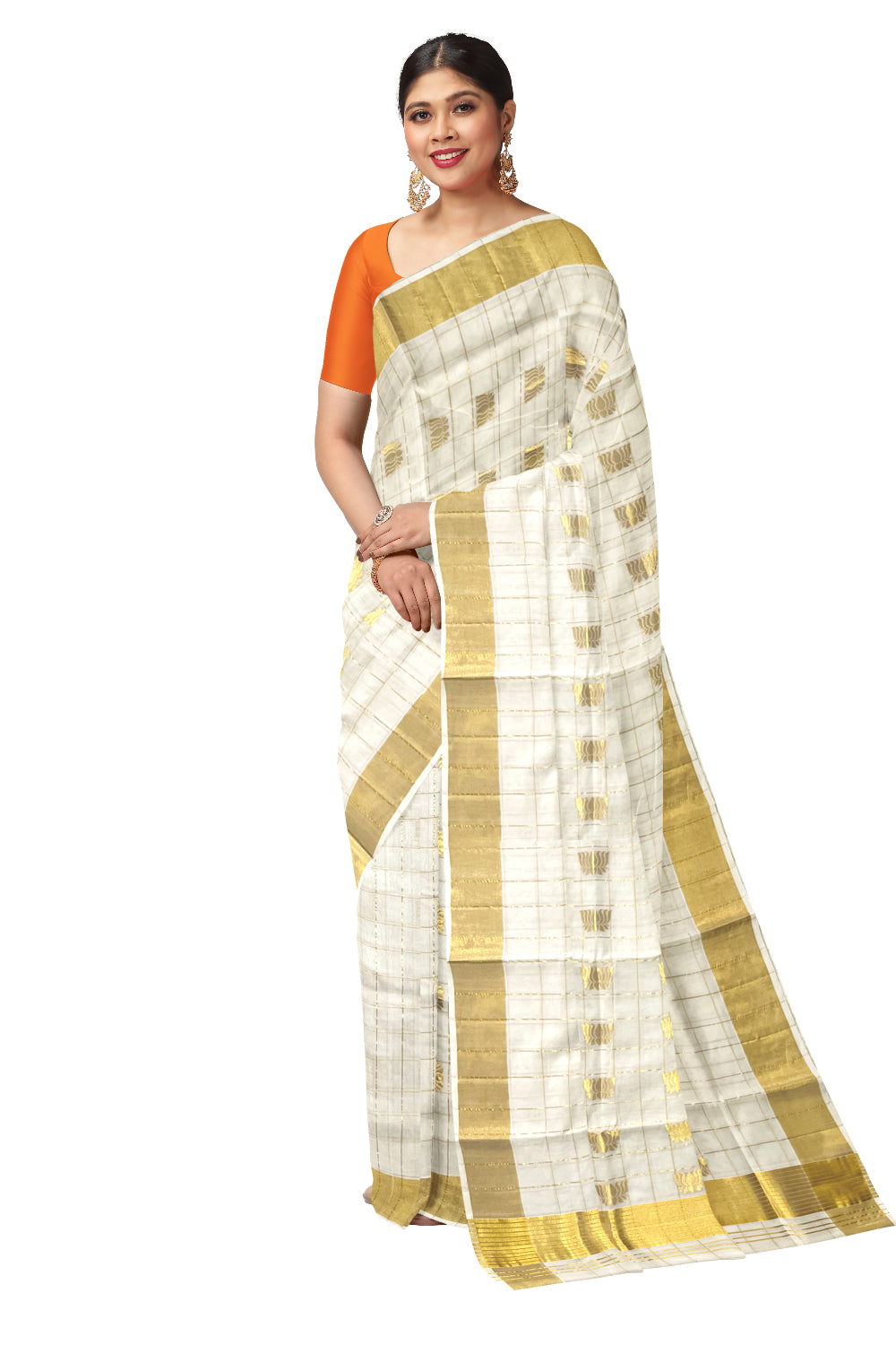Southloom™ Premium Handloom Check Design Kerala Saree with Kasavu Lotus Woven Works