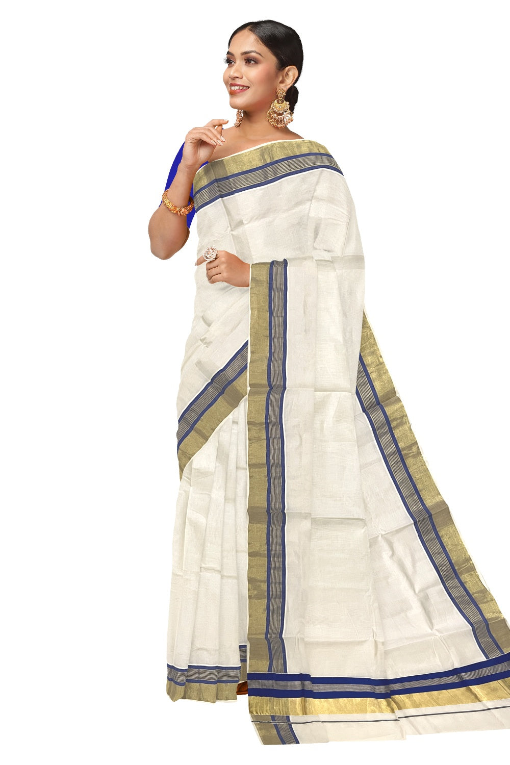 Pure Cotton Kerala Saree with Kasavu and Blue Border