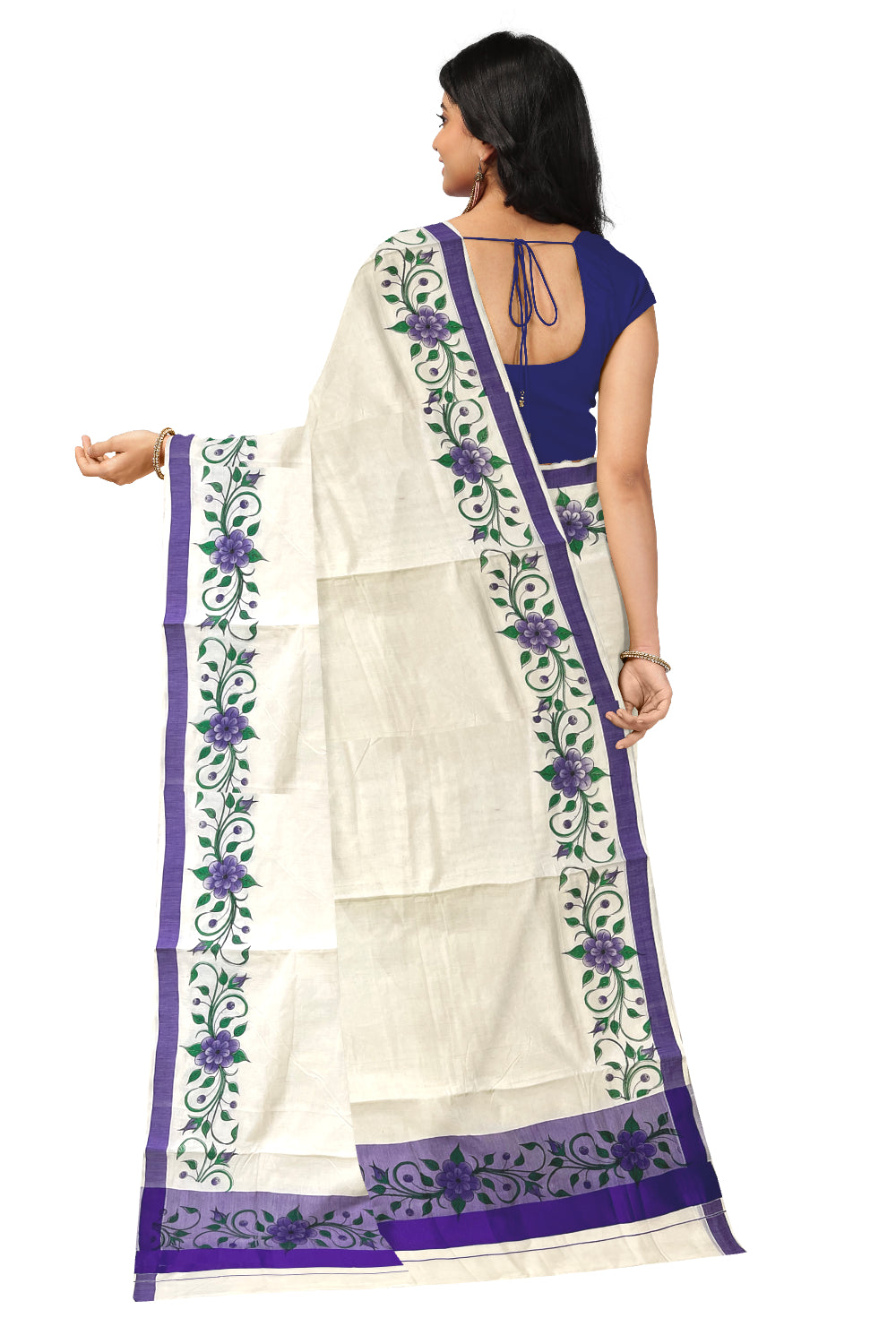 Pure Cotton Kerala Saree with Floral Block Printed Violet Border