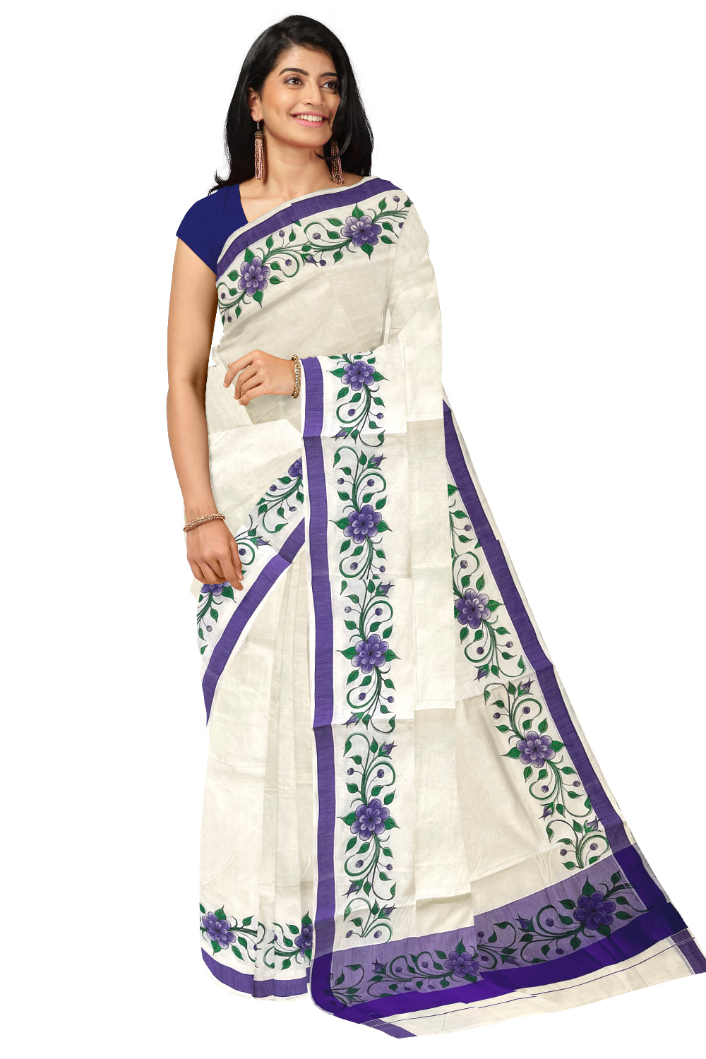 Pure Cotton Kerala Saree with Floral Block Printed Violet Border