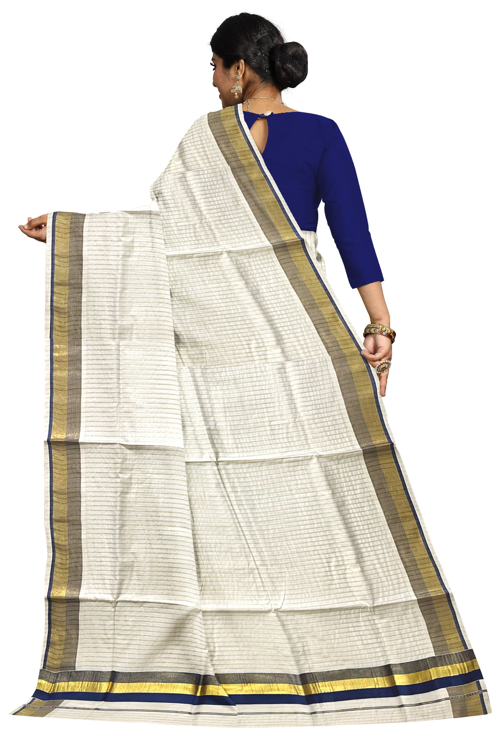 Pure Cotton Kerala Kasavu Lines Design Saree with Blue Border
