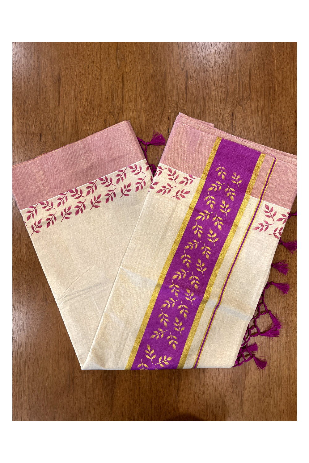 Kerala Tissue Kasavu Saree with Golden and Magenta Block Prints on Border and Tassels Works