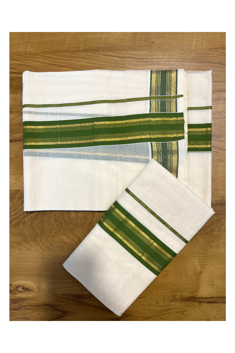 Kerala Cotton Set Mundu (Mundum Neriyathum) with Kasavu and Olive Green Border 2.80 Mtrs