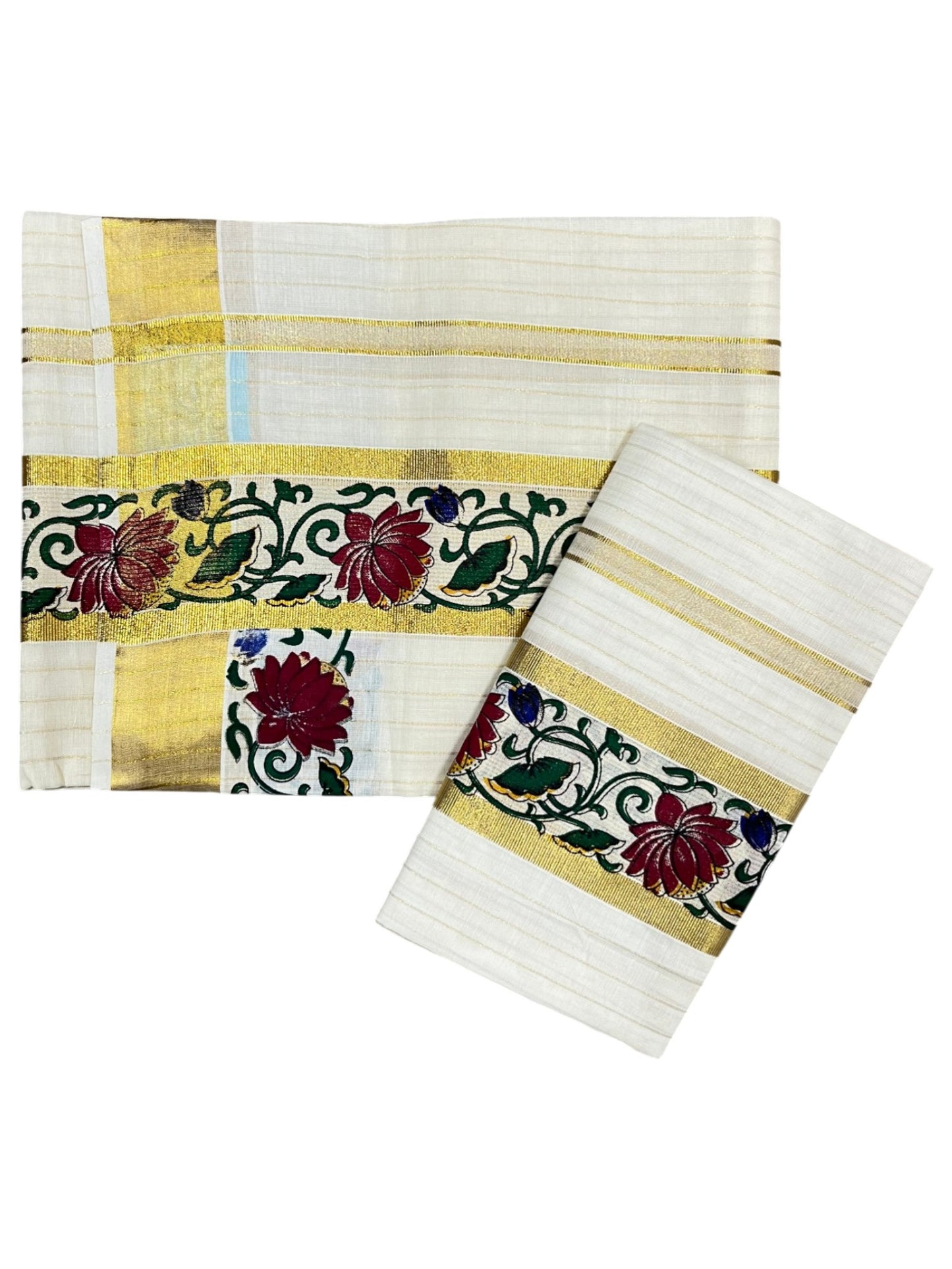 Southloom Cotton Lines Single Set Mundu (Mundu Neriyathum) With Maroon Floral Print And Gold Border Kasavu in 2.80 Mtrs