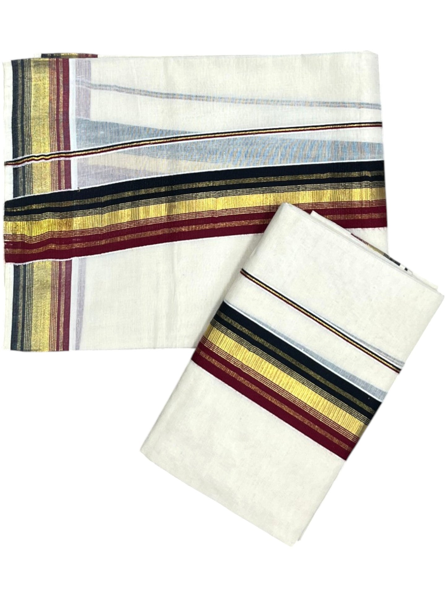 Southloom Kerala Cotton Kasavu Single Set Mundu (Mundum Neriyathum) with Black and Maroon Kasavu Border SLKK SL480