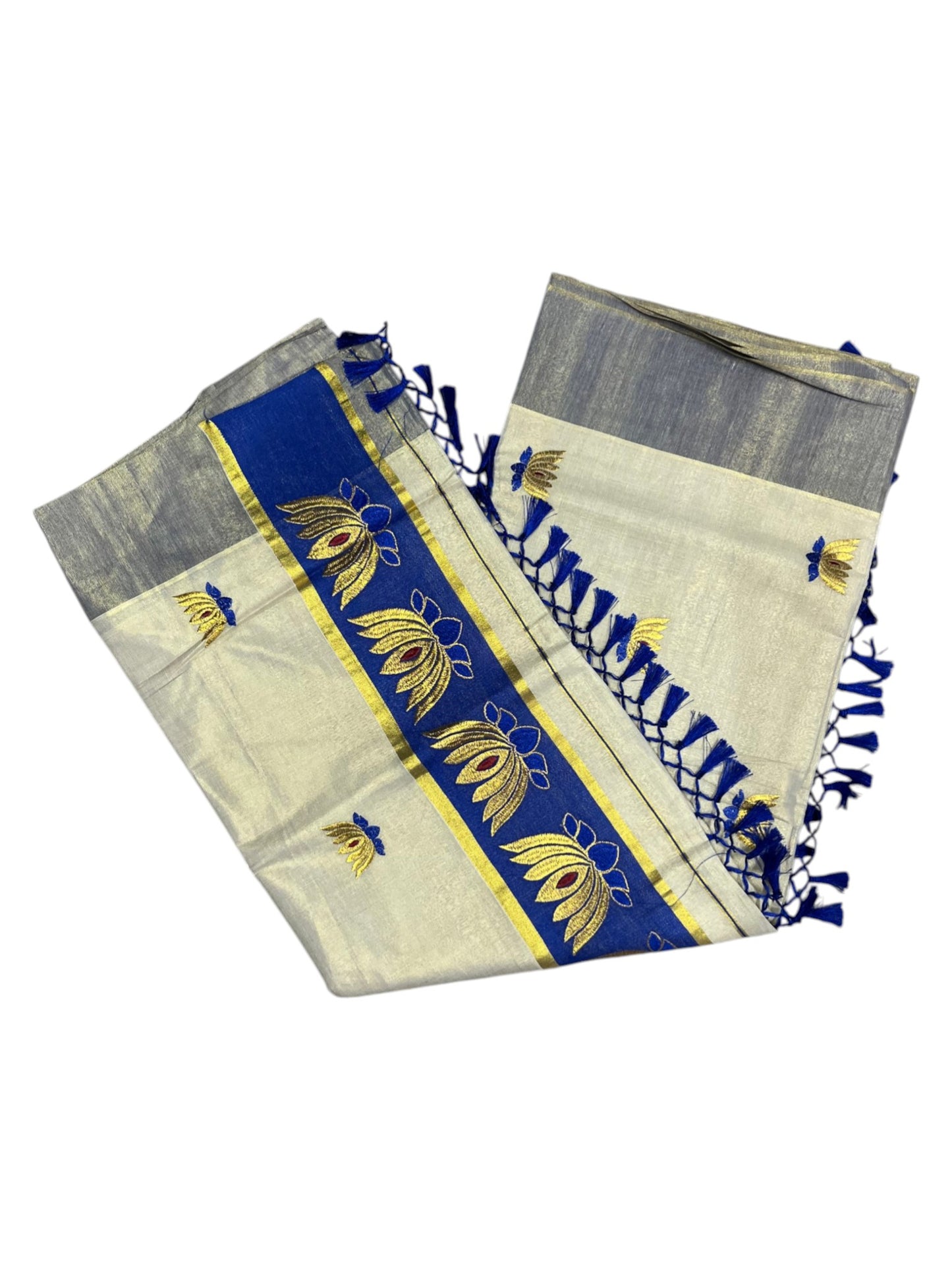 Southloom Kerala Tissue Kasavu Saree with Blue And Golden Lotus Embroidary Works on Body SL273