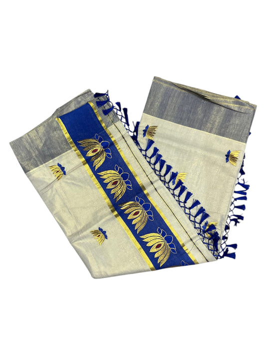 Southloom Kerala Tissue Kasavu Saree with Blue And Golden Lotus Embroidary Works on Body