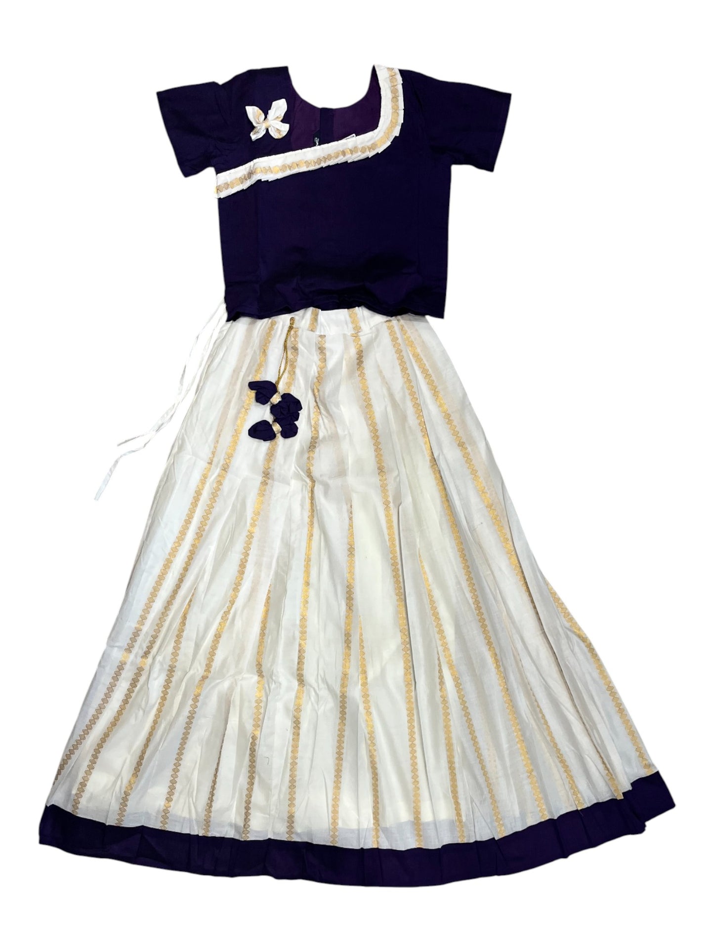 Southloom Kerala Blue And Cotton Kasavu Pavada Blouse with  for Kids