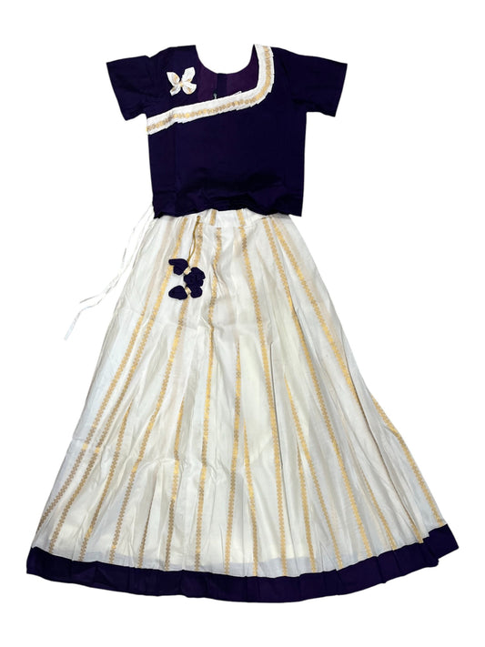 Southloom Kerala Blue And Cotton Kasavu Pavada Blouse with for Kids