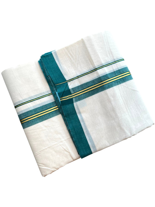 Southloom Pure Cotton Mundu with Golden Lines and Peacock green Border (South Indian Kerala Dhoti)