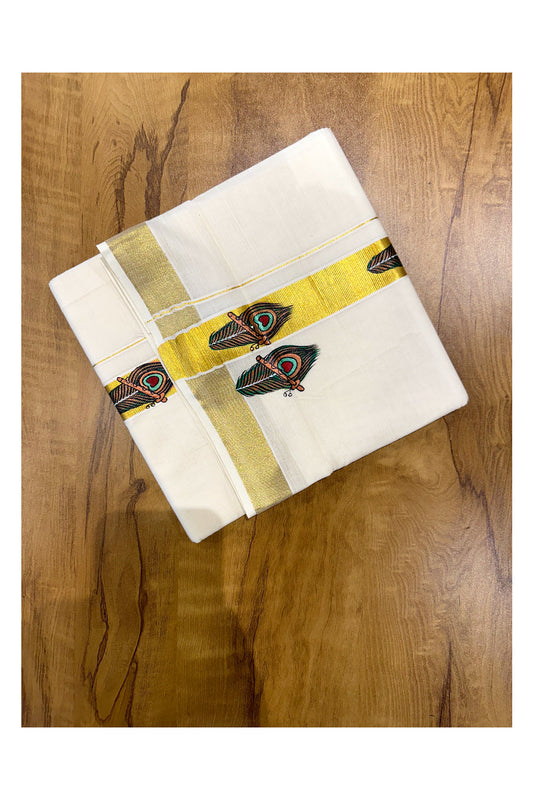 Off White Pure Cotton Double Mundu with Feather Mural Painted Design on Kasavu Kara (South Indian Dhoti)