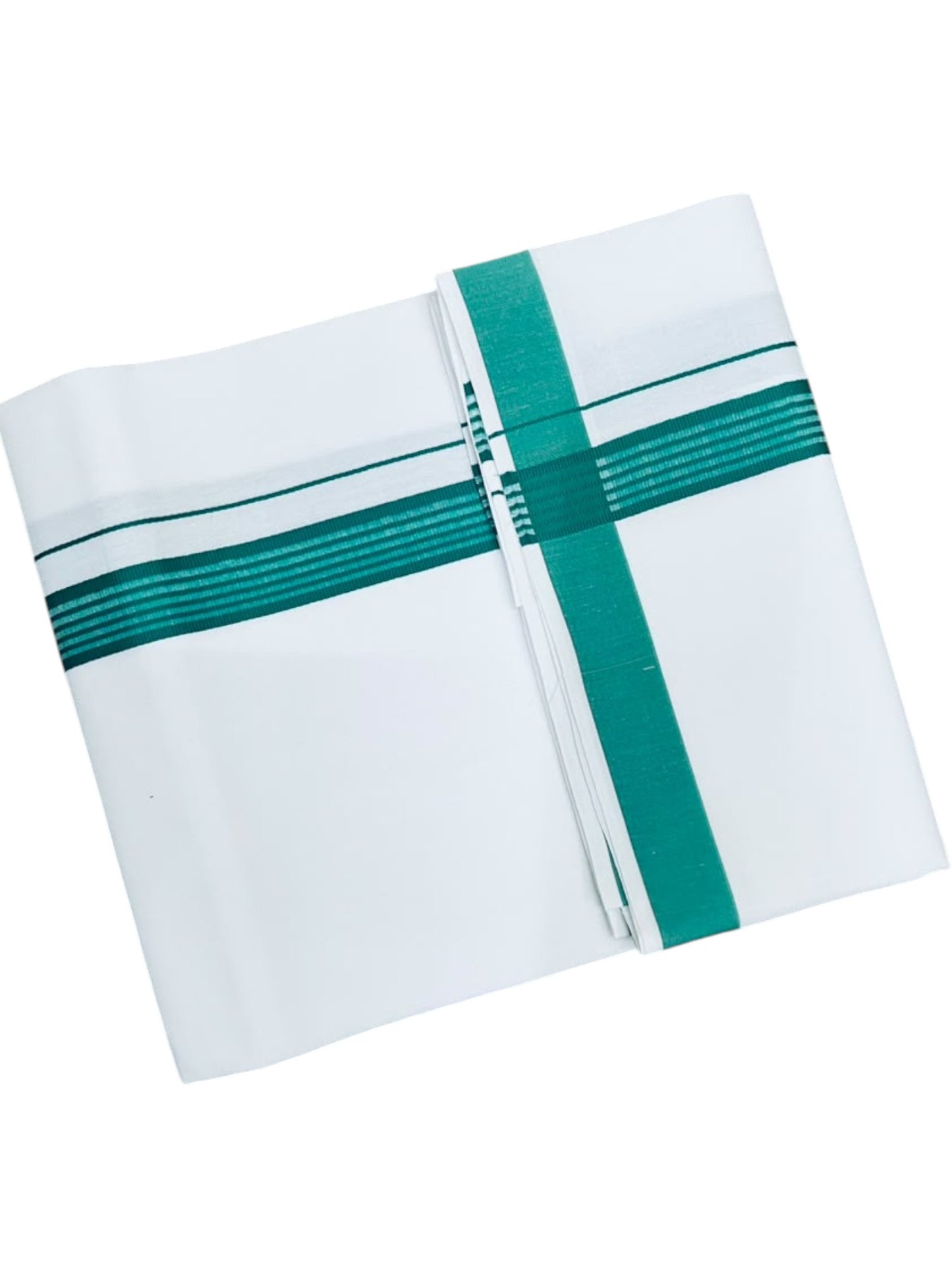 Southloom Pure White Single Cotton Mundu with Green Border (South Indian Kerala Dhoti)